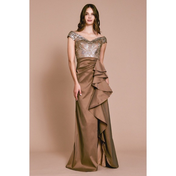 Tadashi Shoji Dresses & Skirts - NWT Tadashi Shoji Mah Off-Shoulder Spiral Flounce Gown 8 Maxi Dress ATV19272L